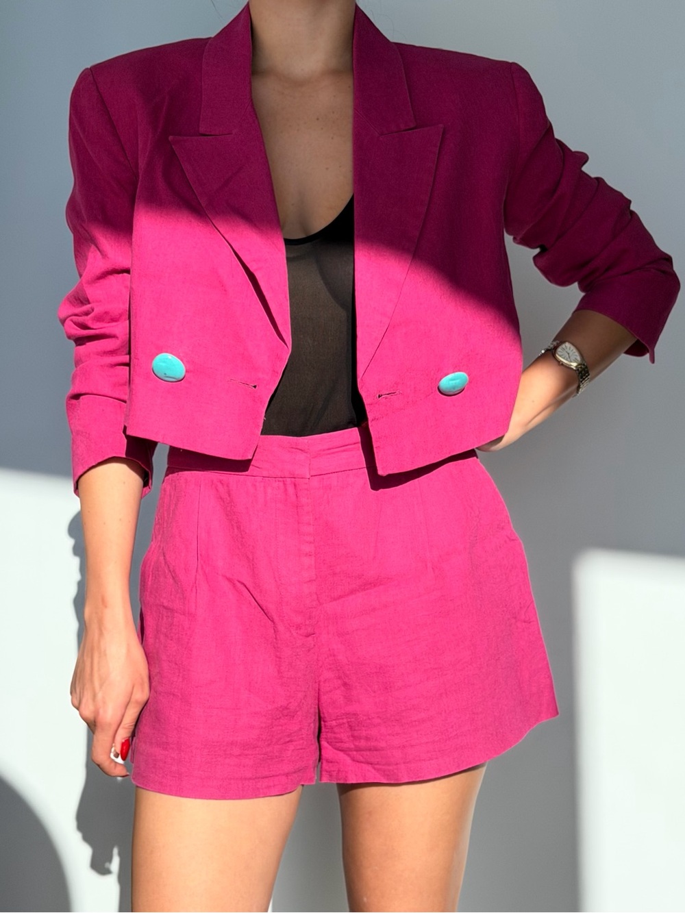 Zara Magenta High-Waist Linen Shorts + Jacket